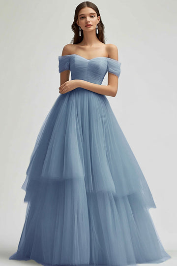 Épaule dénudée Gris Bleu Robe de bal longue en tulle ligne